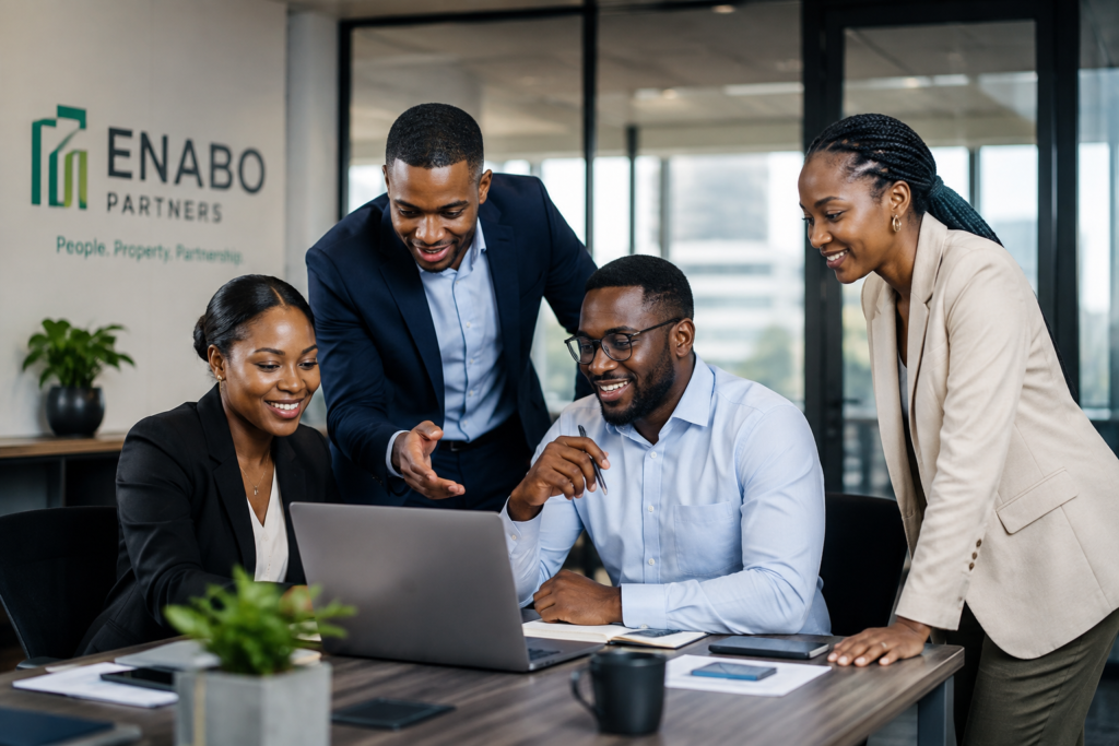 Enabo Partners professional team collaborating in a modern corporate workplace