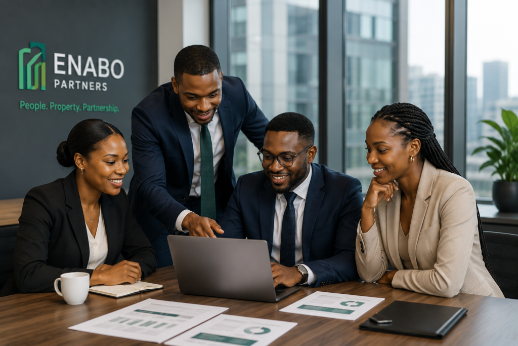 Enabo Partners professional team collaborating on business solutions in a modern corporate office