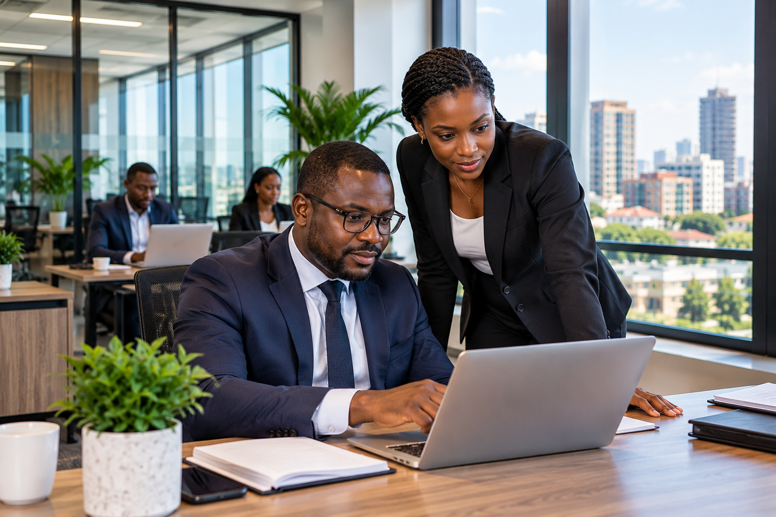African professionals working together in a modern corporate office environment.